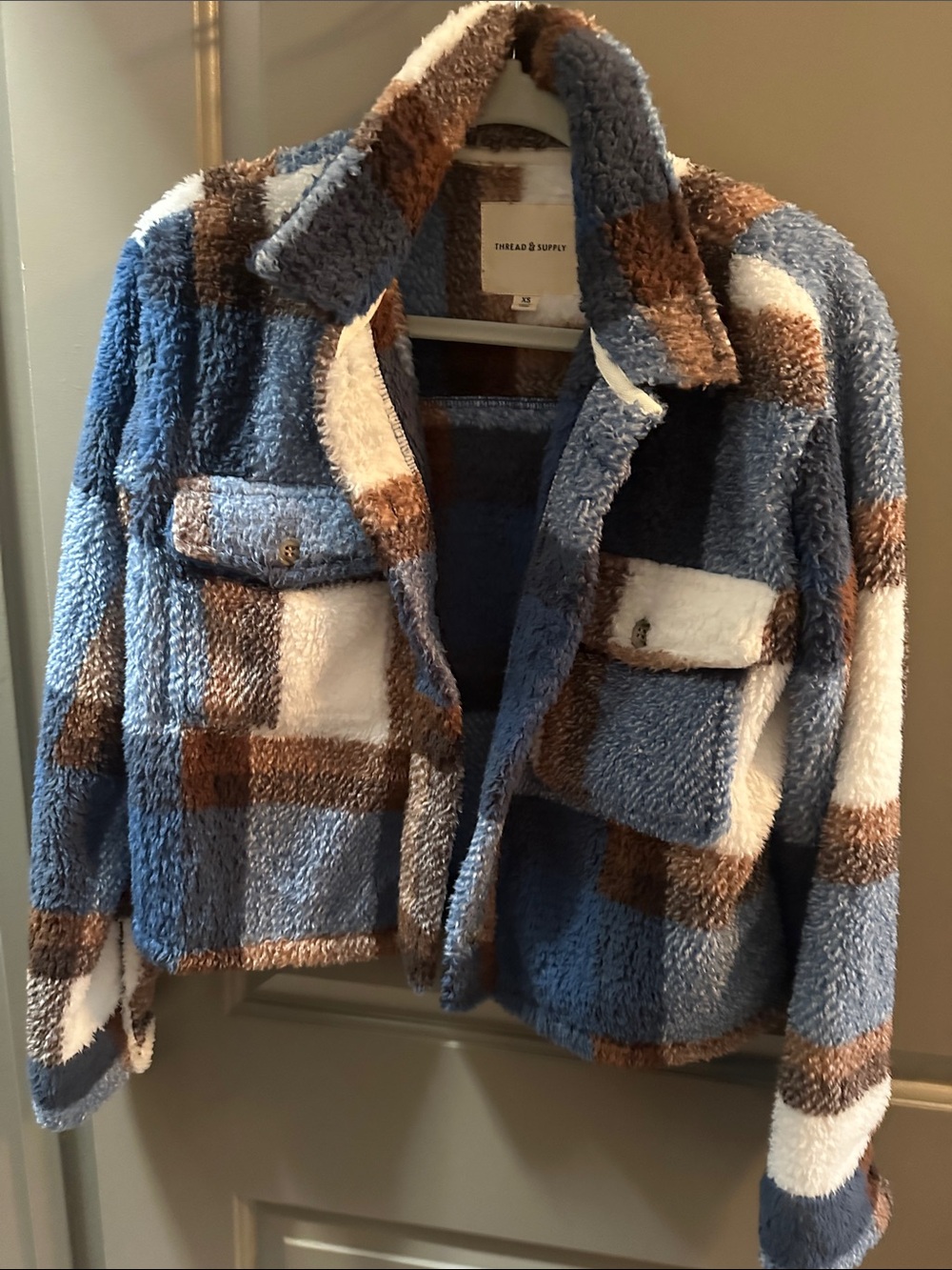 Thread & Supply Blue, Brown and White Plaid Teddy Jacket